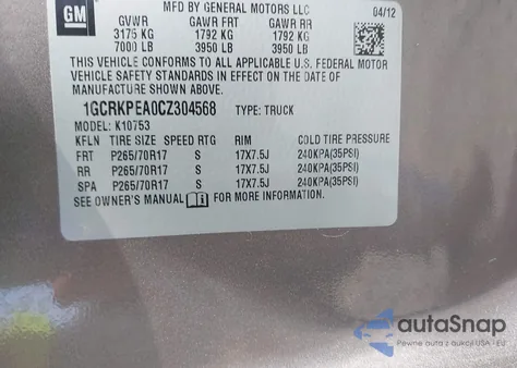 2012 Chevrolet Silverado 1500 Work Truck z USA, uszkodzony, nr VIN 1GCRKPEA0CZ304568